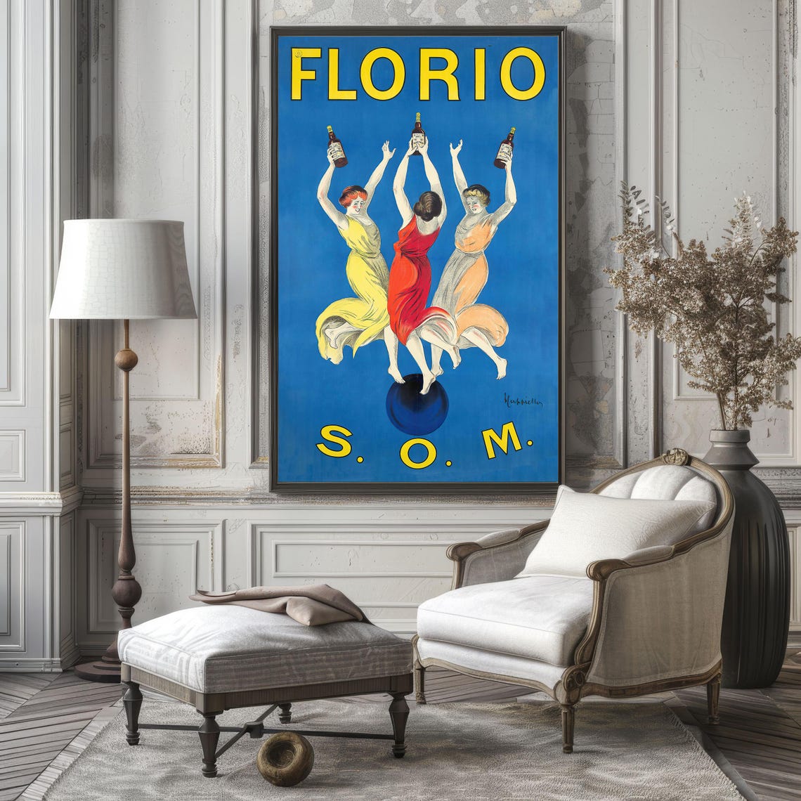 Vintage Florio Wine Dancing Women Blue Advertising Art Poster