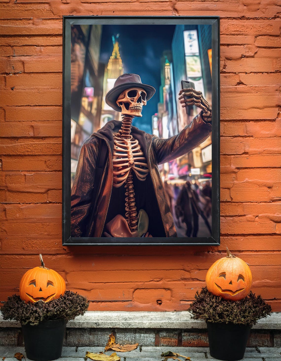 Funny Skeleton Taking Selfie Night City Street Halloween Art Poster - Image 3