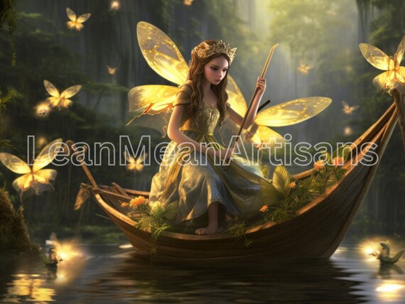 Magical Fairy Glowing Wings Forest Lake Boat Fantasy Art Poster