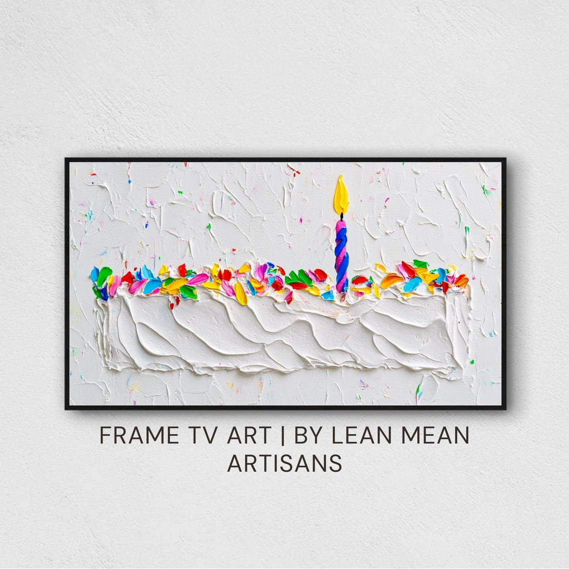 White Birthday Cake Rainbow Sprinkles Candle Impasto Party Print