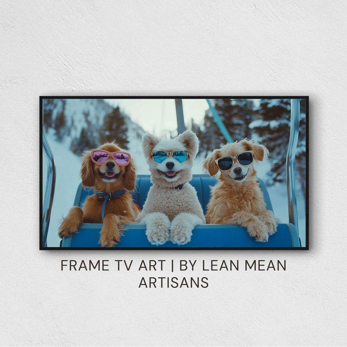 Three Smiling Fluffy Dogs Sunglasses Blue Chairlift Snowy Pines Poster