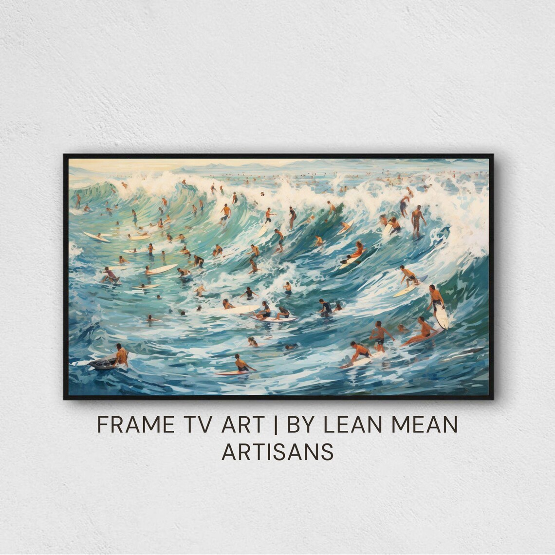 Surfers Riding Turquoise Waves Colorful Ocean Surfing Art Print