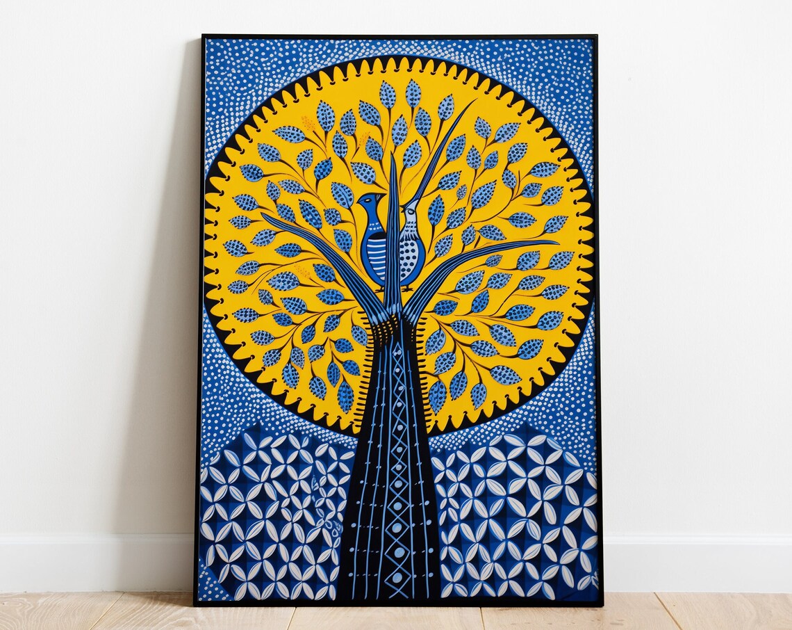 Gond Tribal Tree of Life With Two Birds Bold Folk Art Poster