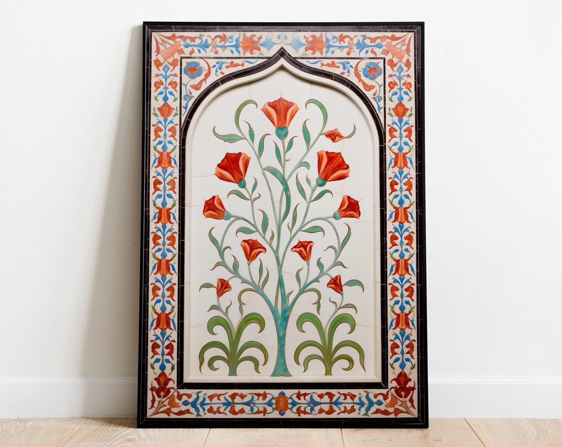 Mughal Floral Inlay Panel Red Tulips Arched Vintage Art Poster