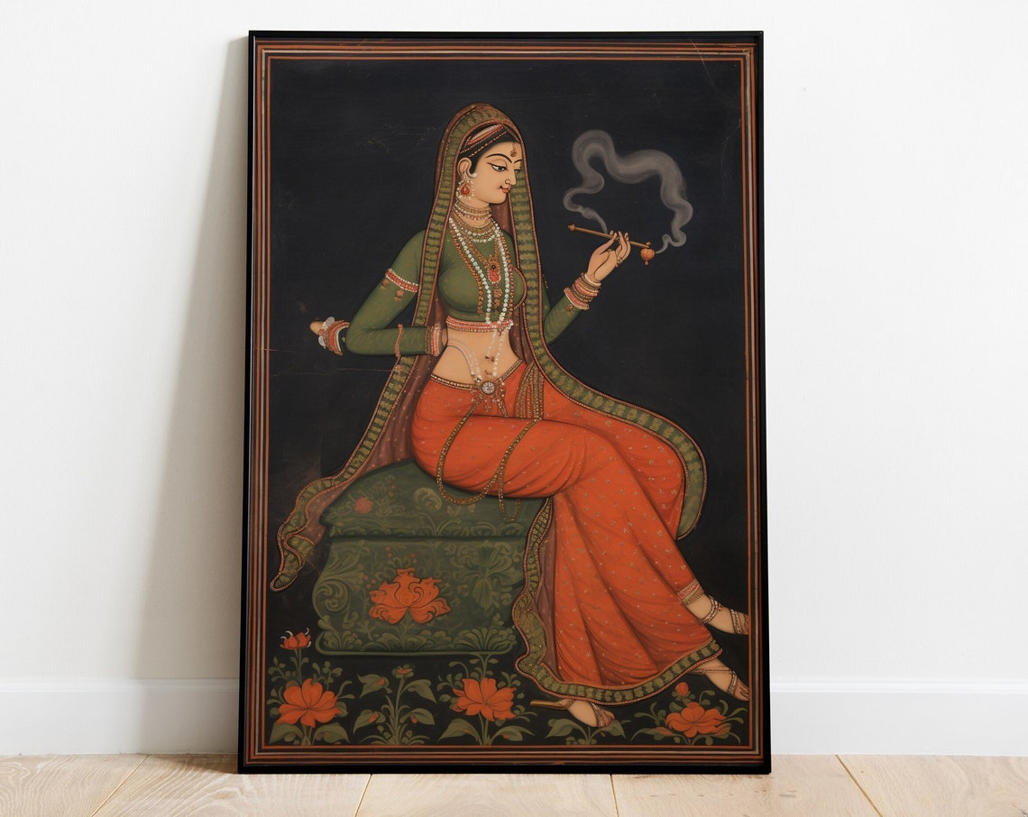Indian Folk Wall Art Brown Woman Smoking Royal Princess Living Room Decor Indian Vintage Palace Painting Poster Wall Art