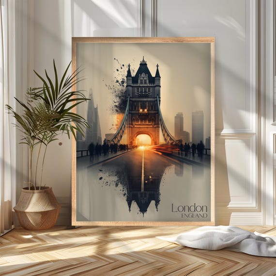 London England Tower Bridge Sunset Ink Splash Art Travel Poster