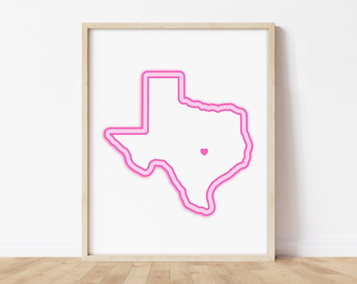 Texas Pink Neon Heart Map Outline Round Rock Town Pride Art Poster