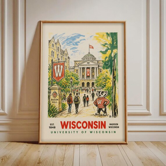 Wisconsin Badgers Campus Print University Of Madison Poster Vintage College Wall Art Dorm Decor