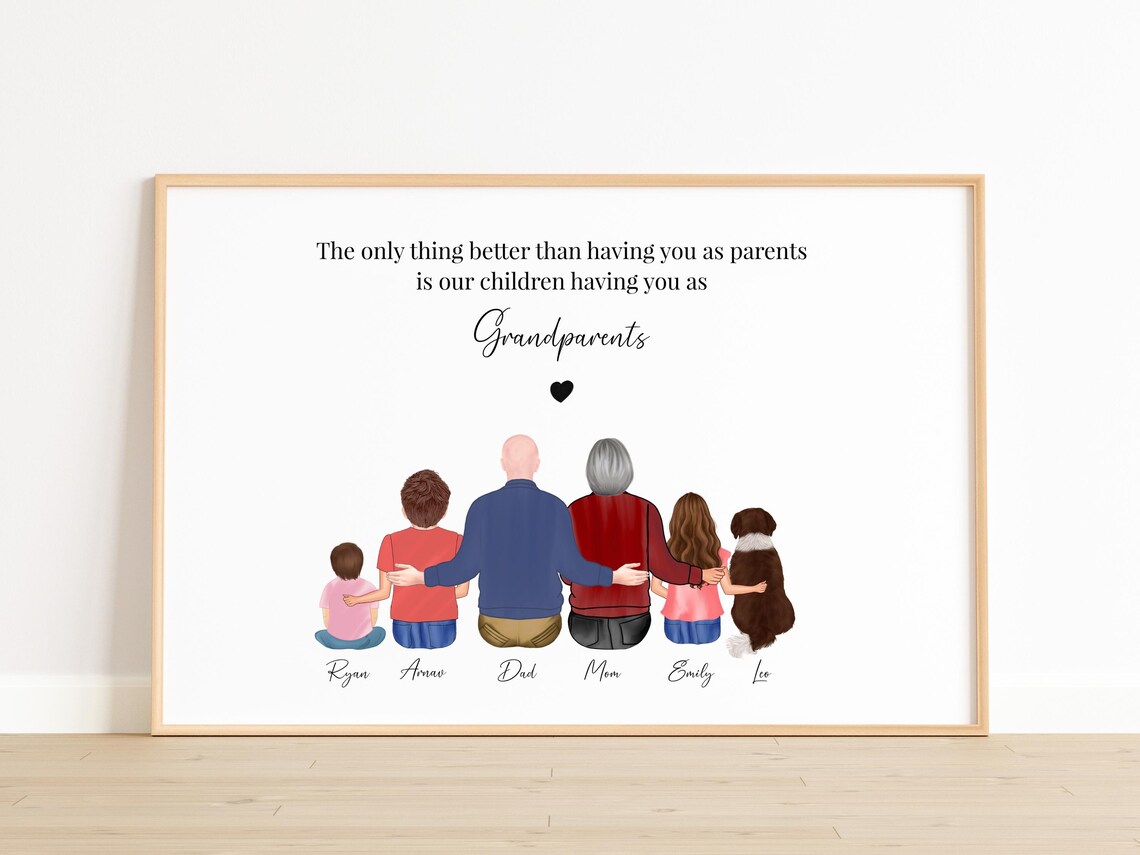 Personalized Grandparents Family Portrait Print with Pet Names