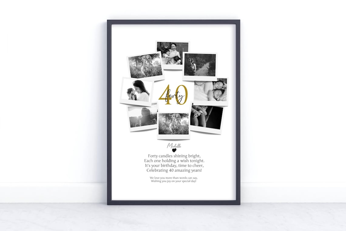40th Birthday Photo Collage Poster with Golden Forty Number Gift