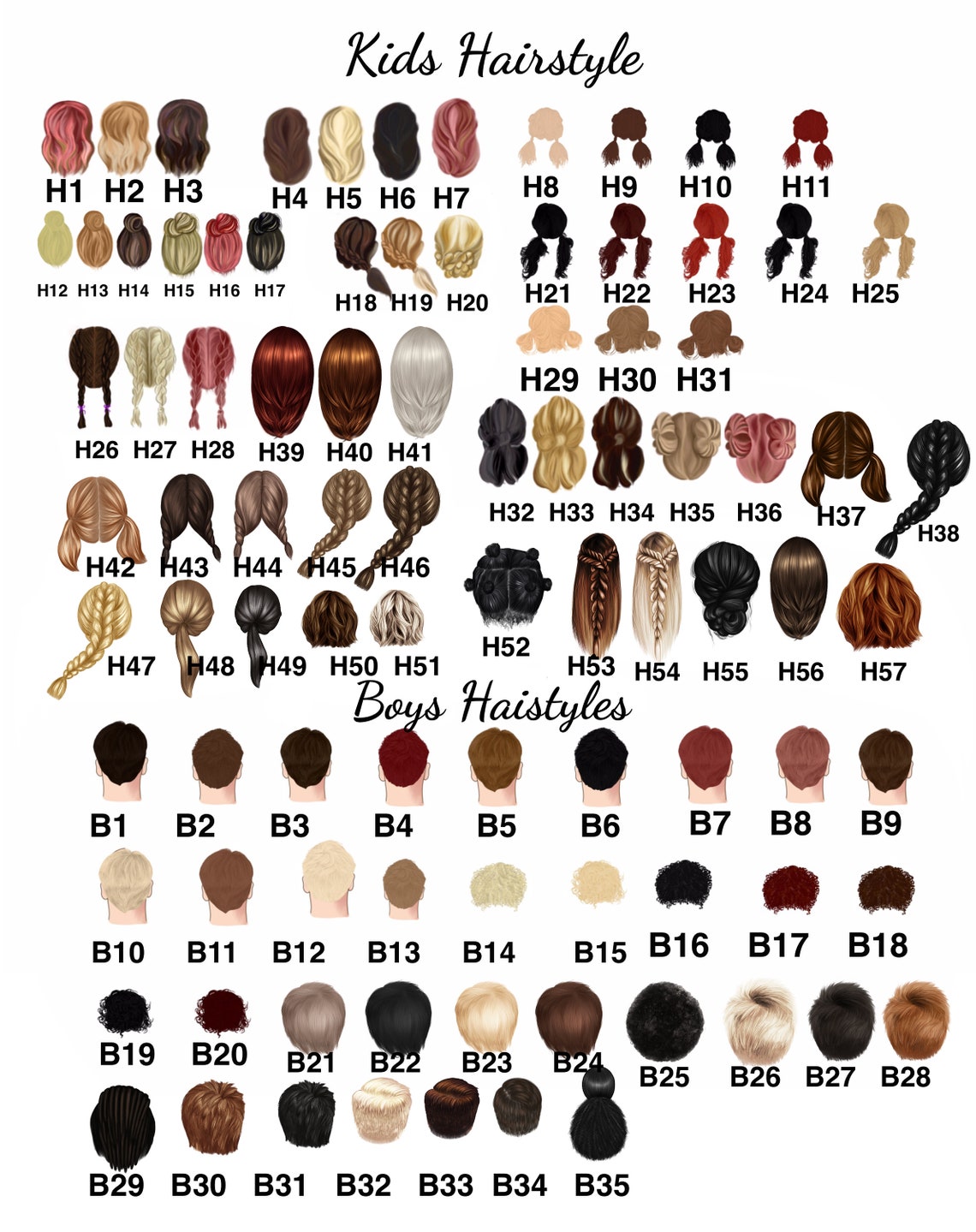 Kids and Boys Hairstyle Reference Chart H1-H57 B1-B35 Options Print