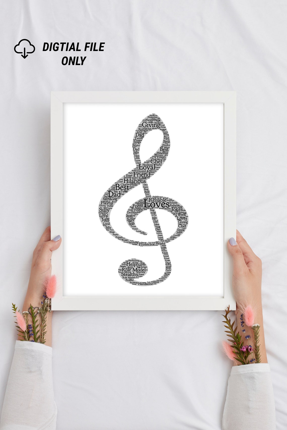 Personalised Treble Clef Print Musical Note Word Wall Art Thank You Birthday Musician Gifts For Him Her Men Women Girls Boys