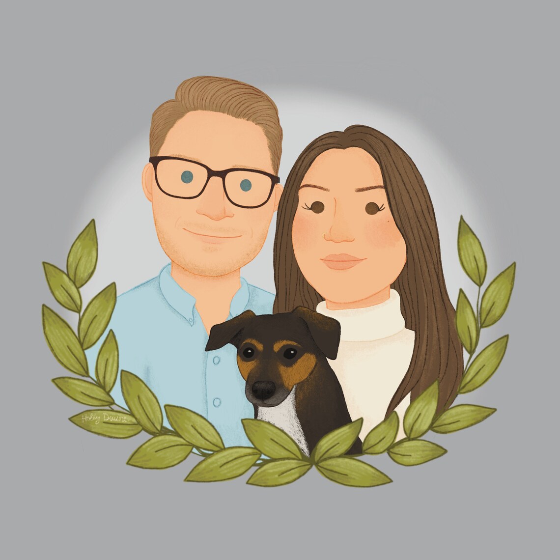 Personalized Couple with Dog Leaf Wreath Illustration Portrait Poster