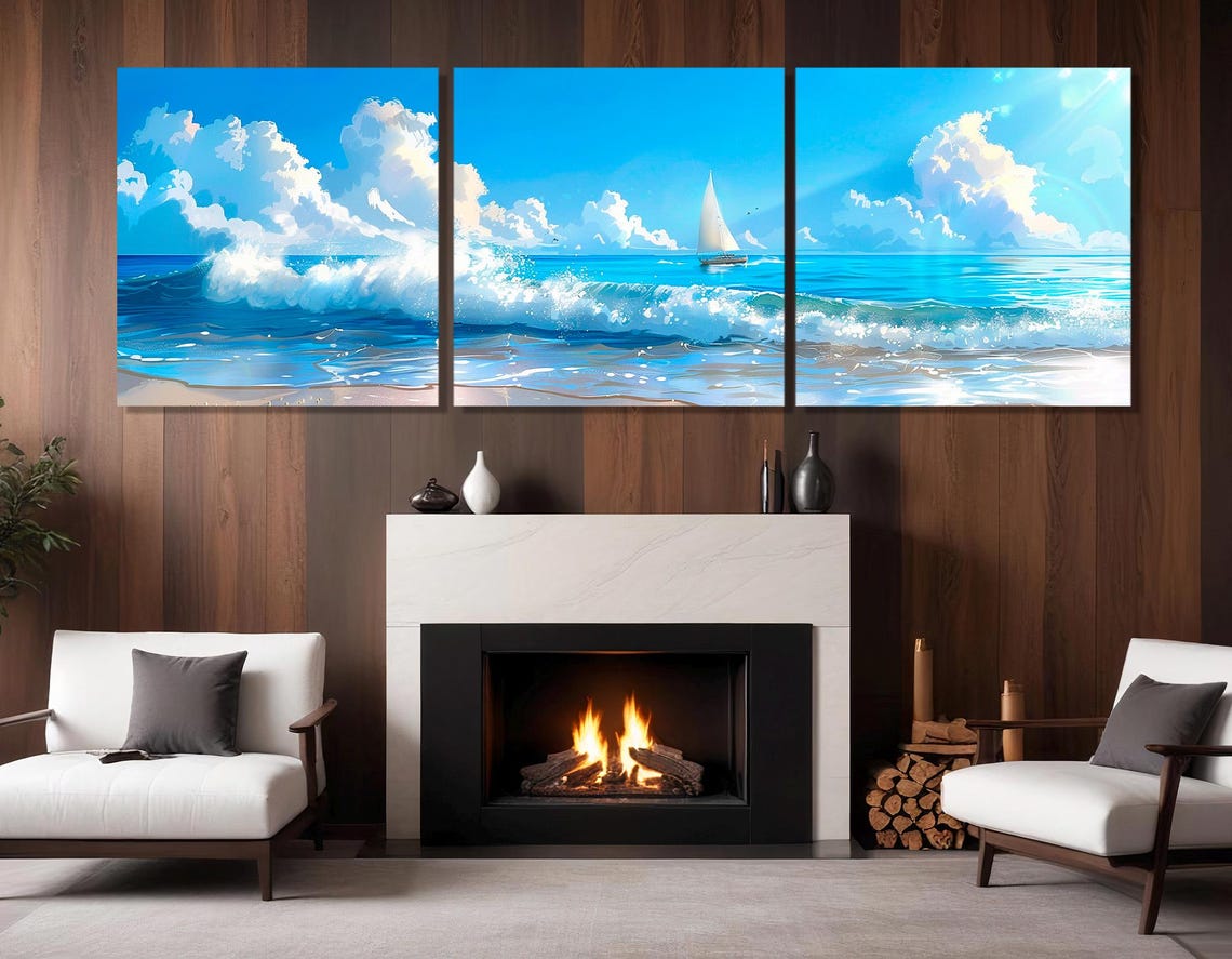 Turquoise Ocean Waves Sailboat Bright Blue Sky Panorama Beach Poster - Image 4