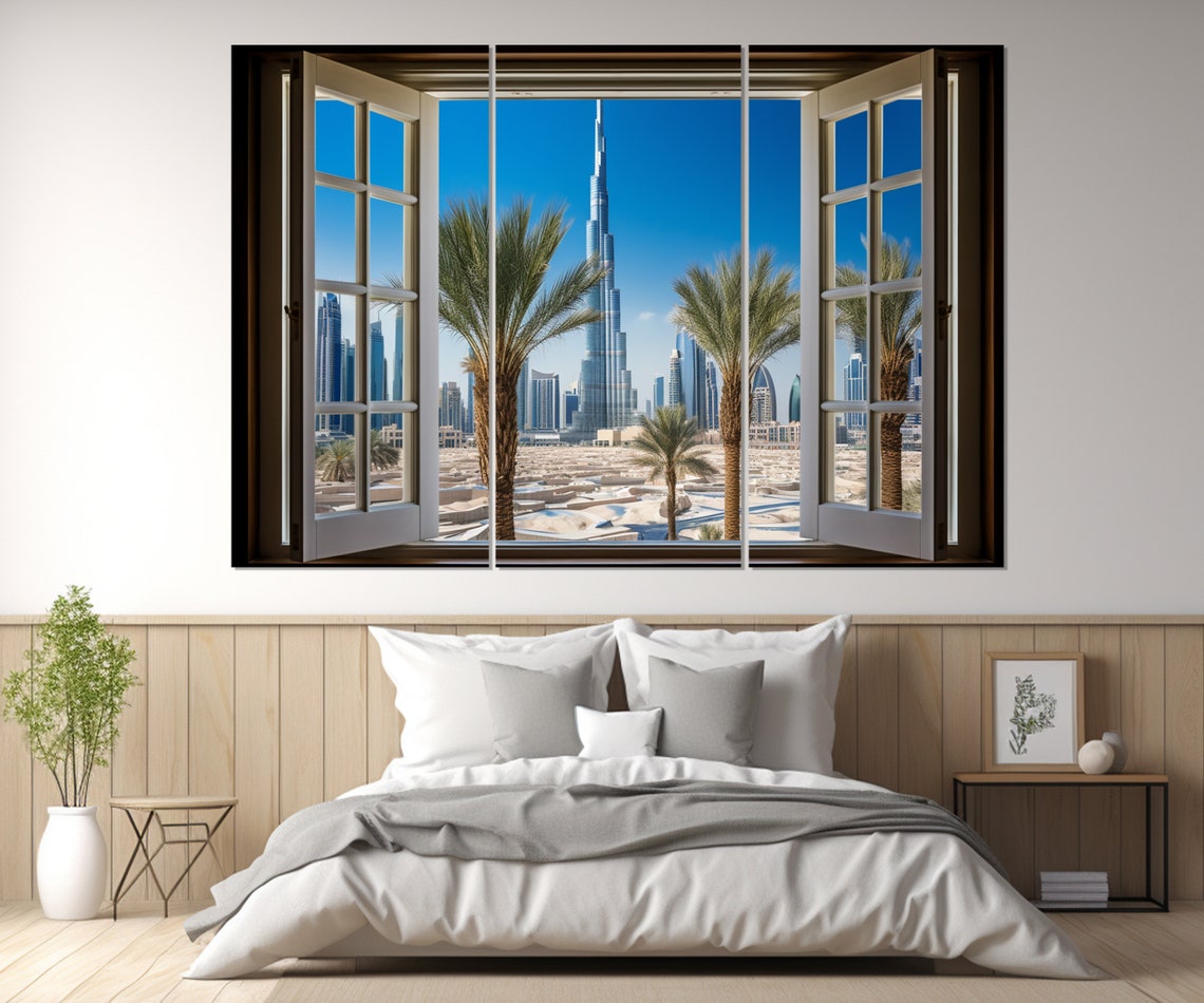 Dubai Burj Khalifa Skyline Palm Trees Open Window City View Poster - Image 3