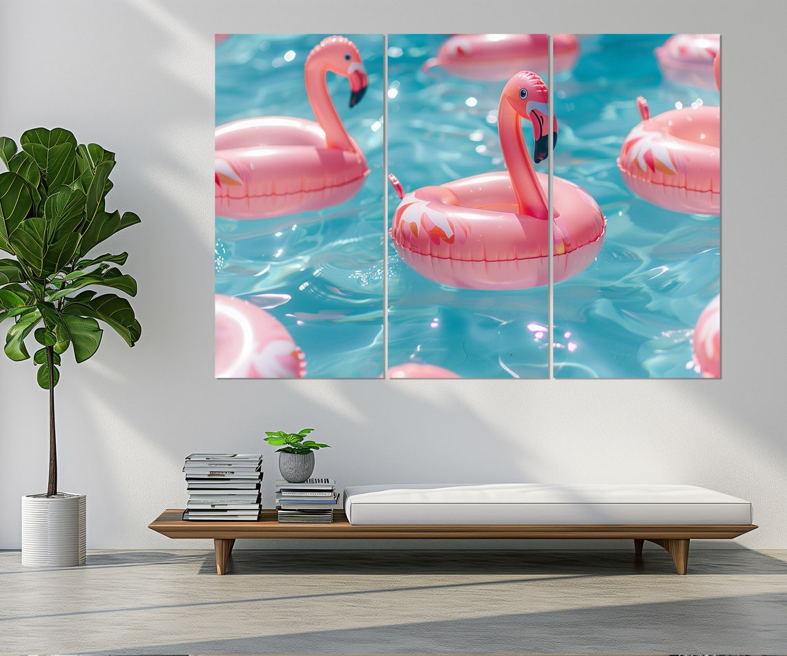 Pink Flamingo Pool Floats Sparkling Turquoise Water Summer Wall Art - Image 4