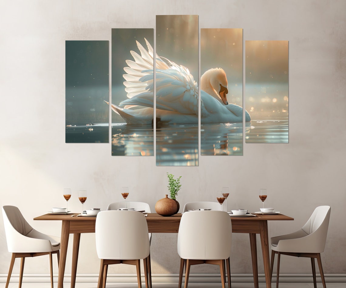 White Swan Spread Wings Golden Lake Sunset Elegant Bird Art Poster - Image 3