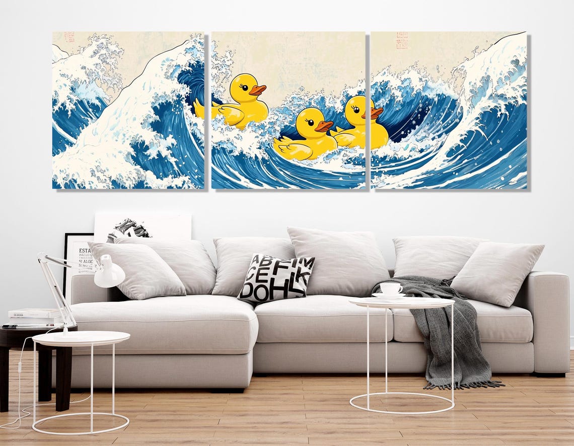 Rubber Ducks Riding Great Wave Japanese Funny Kanagawa Parody Poster - Image 4