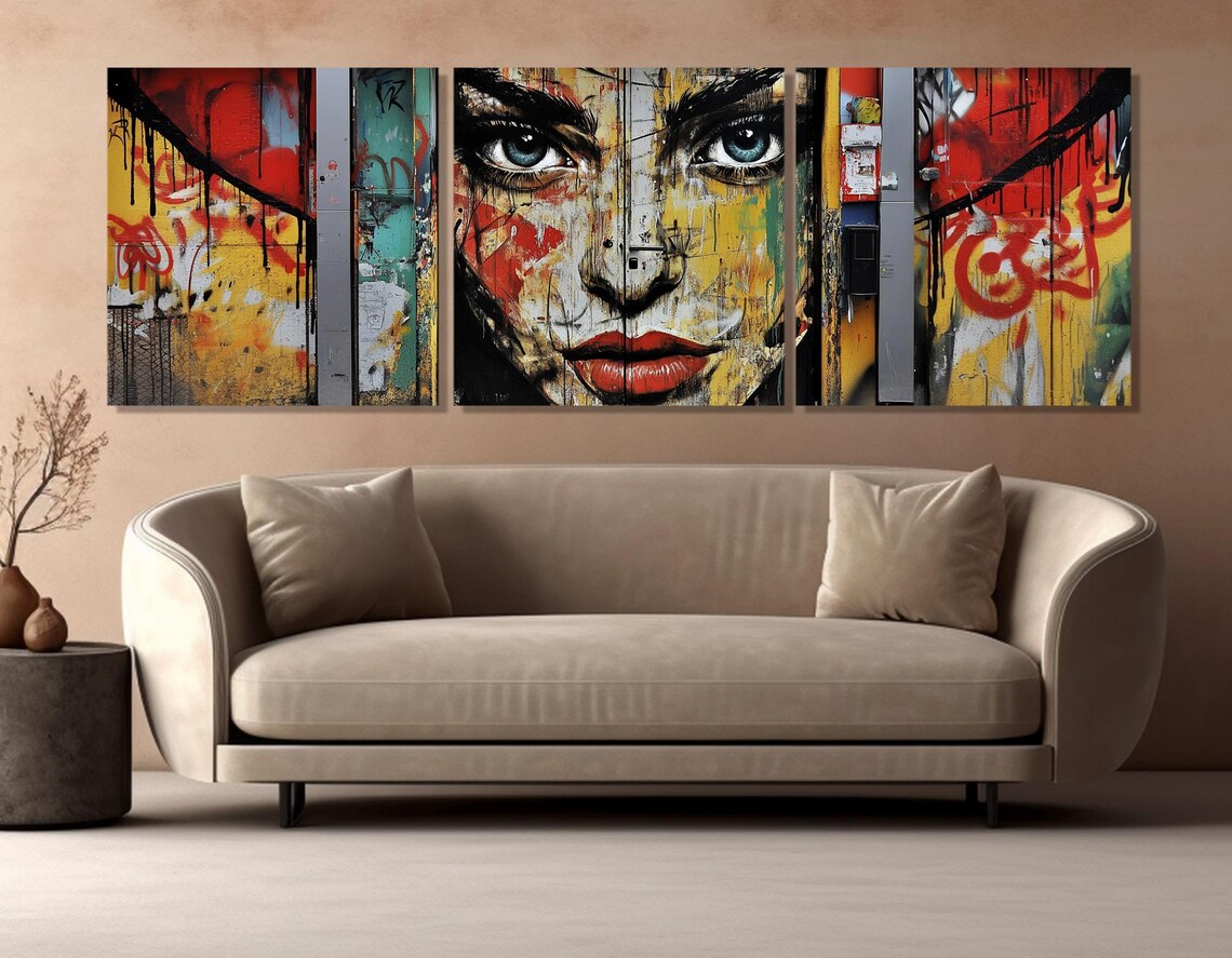 Street Graffiti Woman Face Triptych Urban Spray Paint Colorful Wall Art Print - Image 4