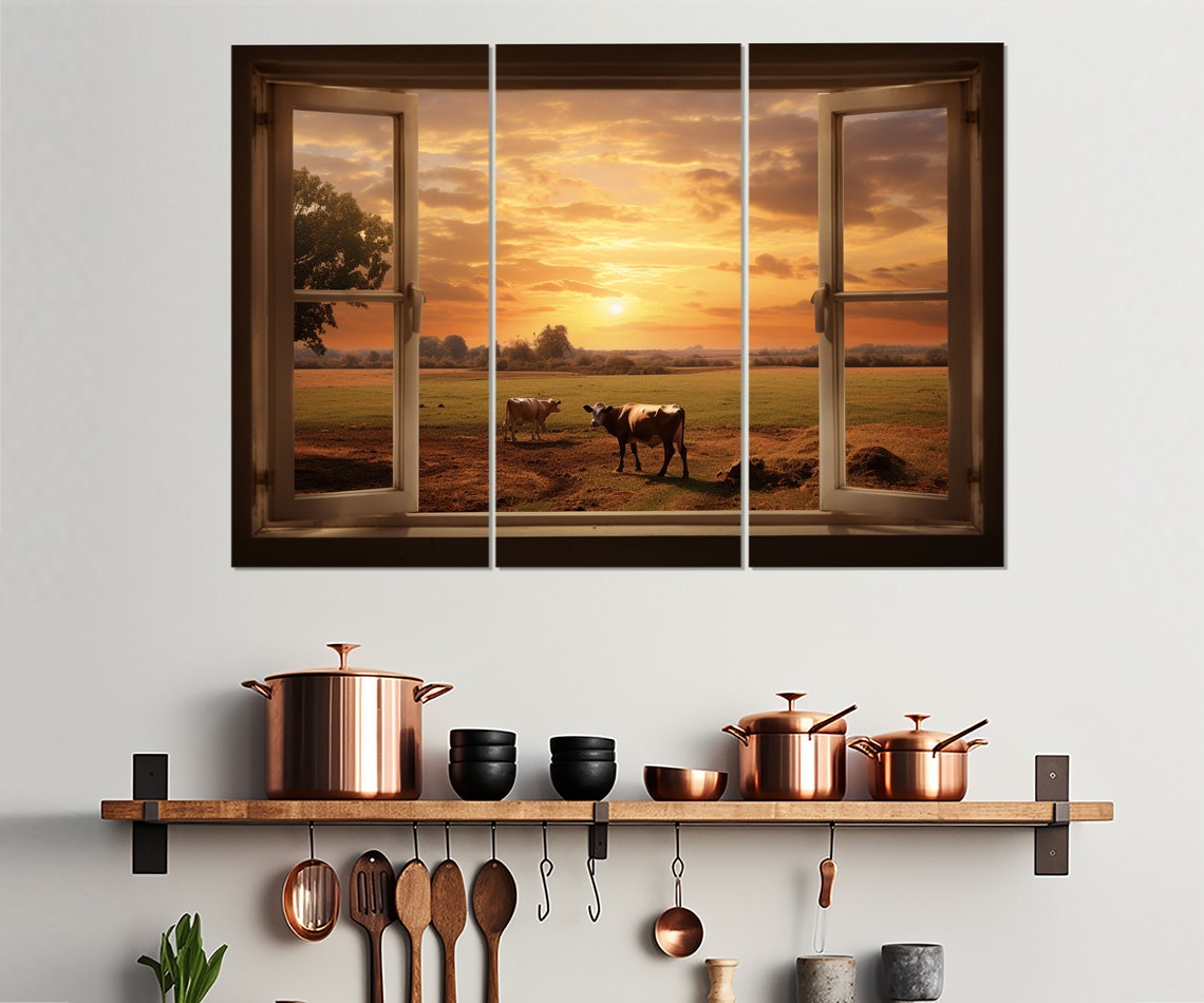 Open Window View Cows In Pasture Orange Sunset Farm Art Poster - Image 4