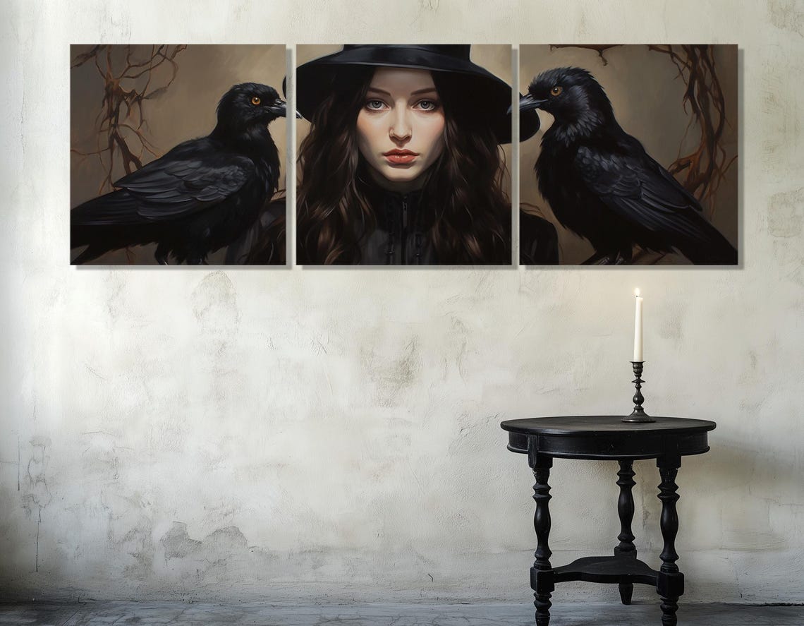 Dark Witch With Two Ravens Portrait Gothic Fantasy Wall Art Poster - Image 4