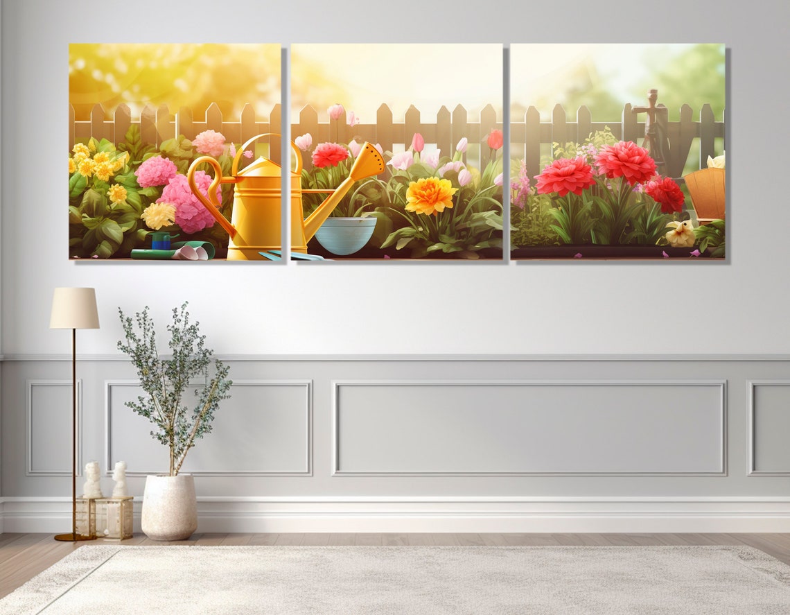 Yellow Watering Can Blooming Garden Picket Fence Sunny Wall Art Print - Image 4