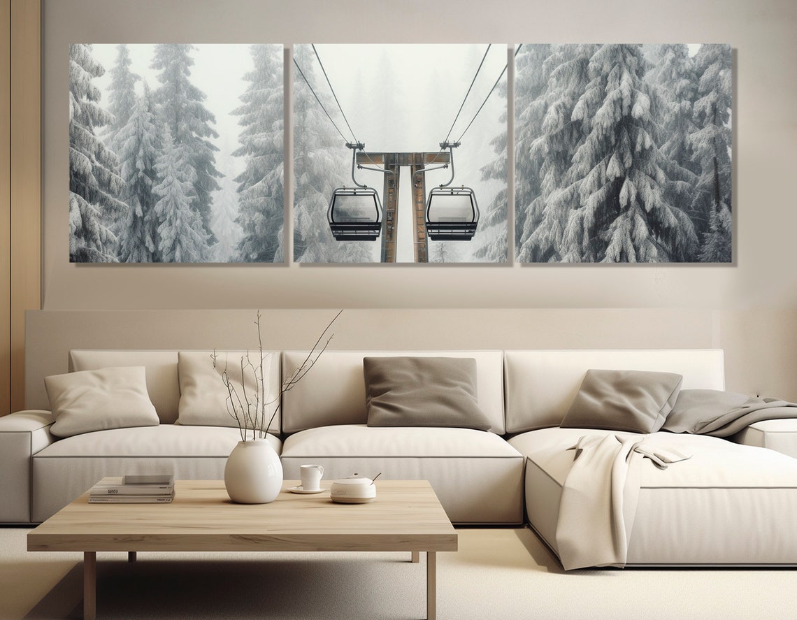 Snowy Winter Forest Cable Car Gondolas 3 Panel Mountain Scene Poster - Image 3