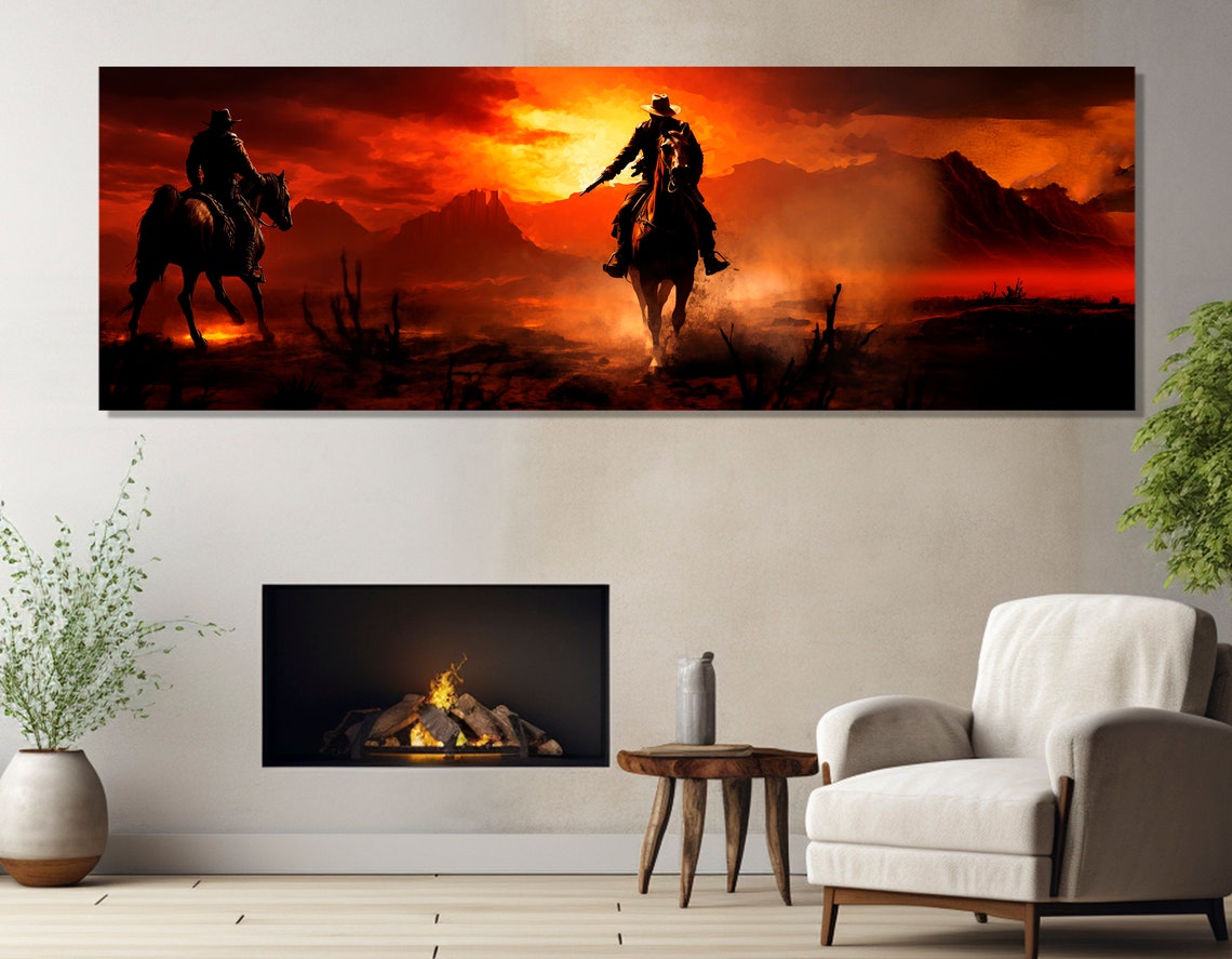 Two Cowboys Riding Horses Through Desert At Sunset Wild West Poster - Image 2