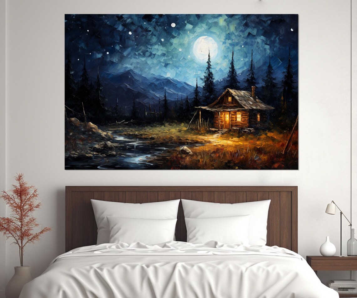 Moonlit Log Cabin Starry Night Sky Mountain Lake Rustic Wall Art Poster - Image 2
