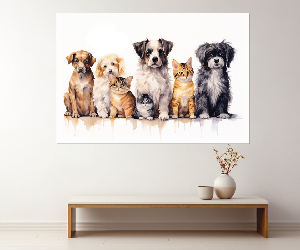Dogs And Cats Watercolor Group Portrait Cute Pets Painting Vet Office Poster