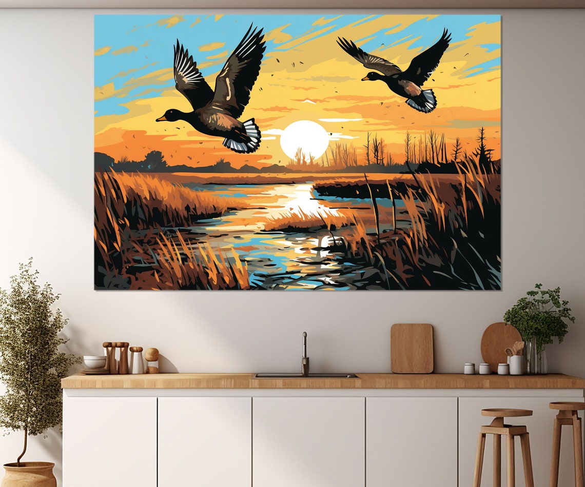 Ducks Flying Sunset Marsh Pop Art Orange Lake Wildlife Wall Art