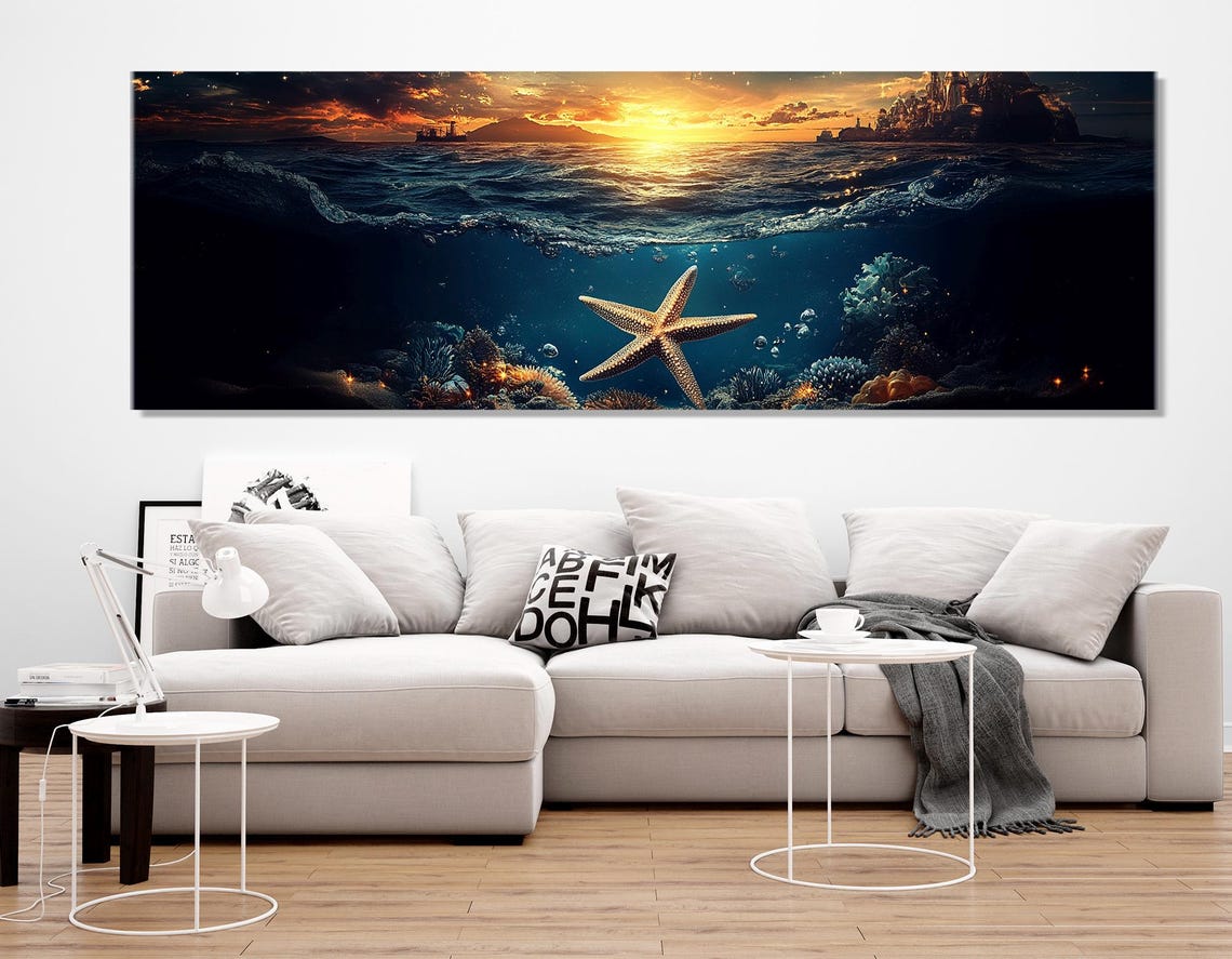 Starfish Coral Reef Underwater Sunset Ocean Split View Travel Poster - Image 2