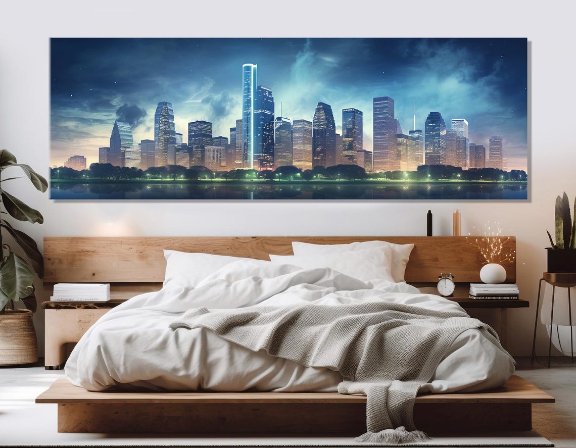 Houston Skyline Triptych At Dusk With Glowing City Lights Water Poster - Image 4