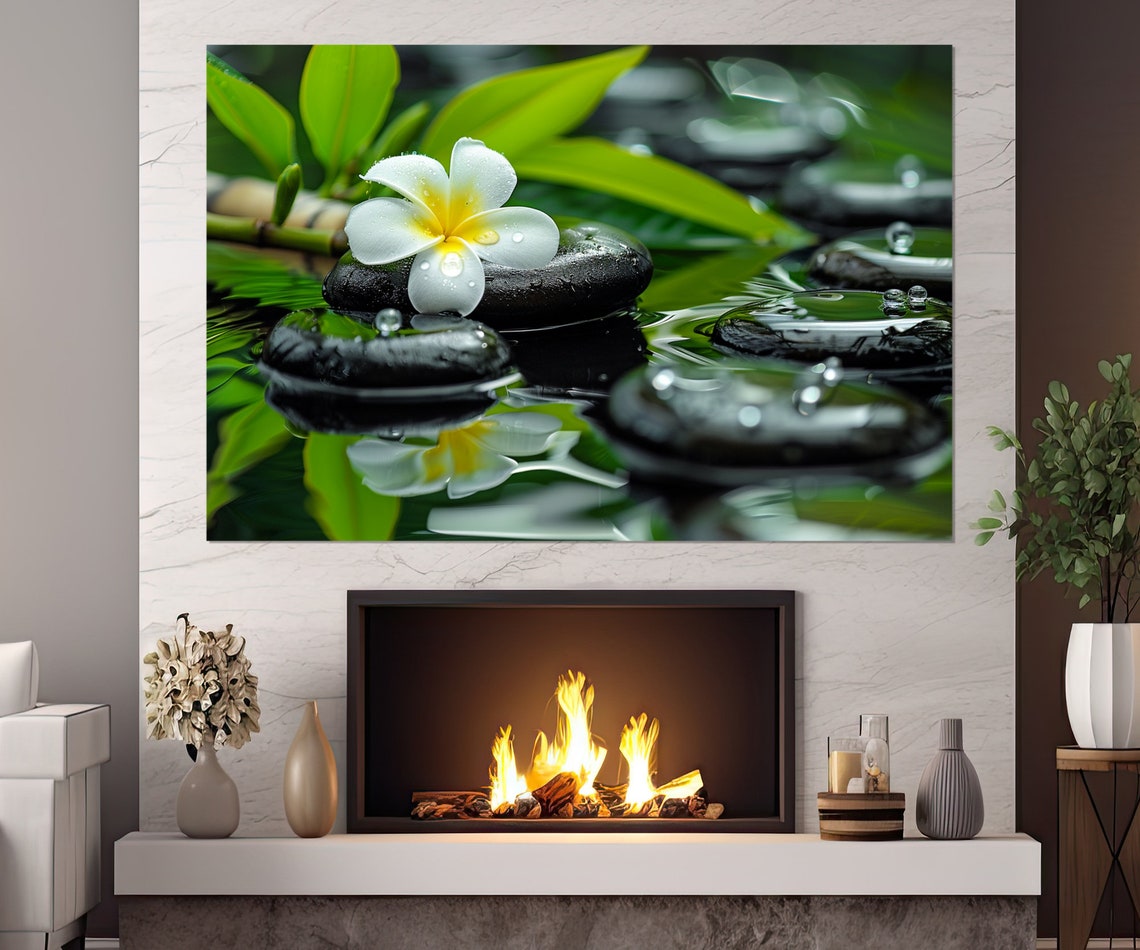 White Plumeria Flower Zen Stones Water Drops Bamboo Spa Calm Poster