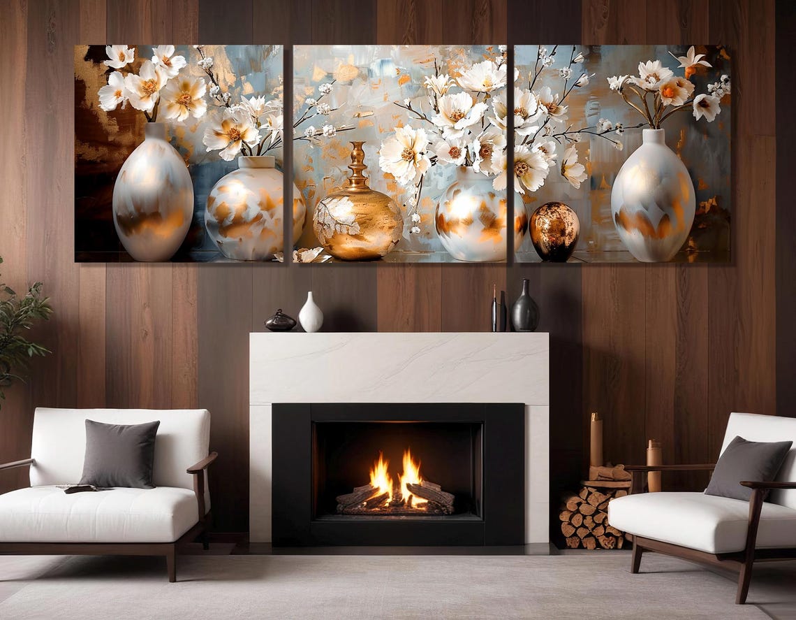 White Floral Still Life In Golden Vases Elegant Panoramic Print - Image 4