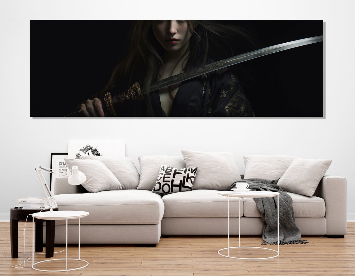 Samurai Woman Katana Dark Moody Japanese Warrior Portrait Wall Art - Image 2