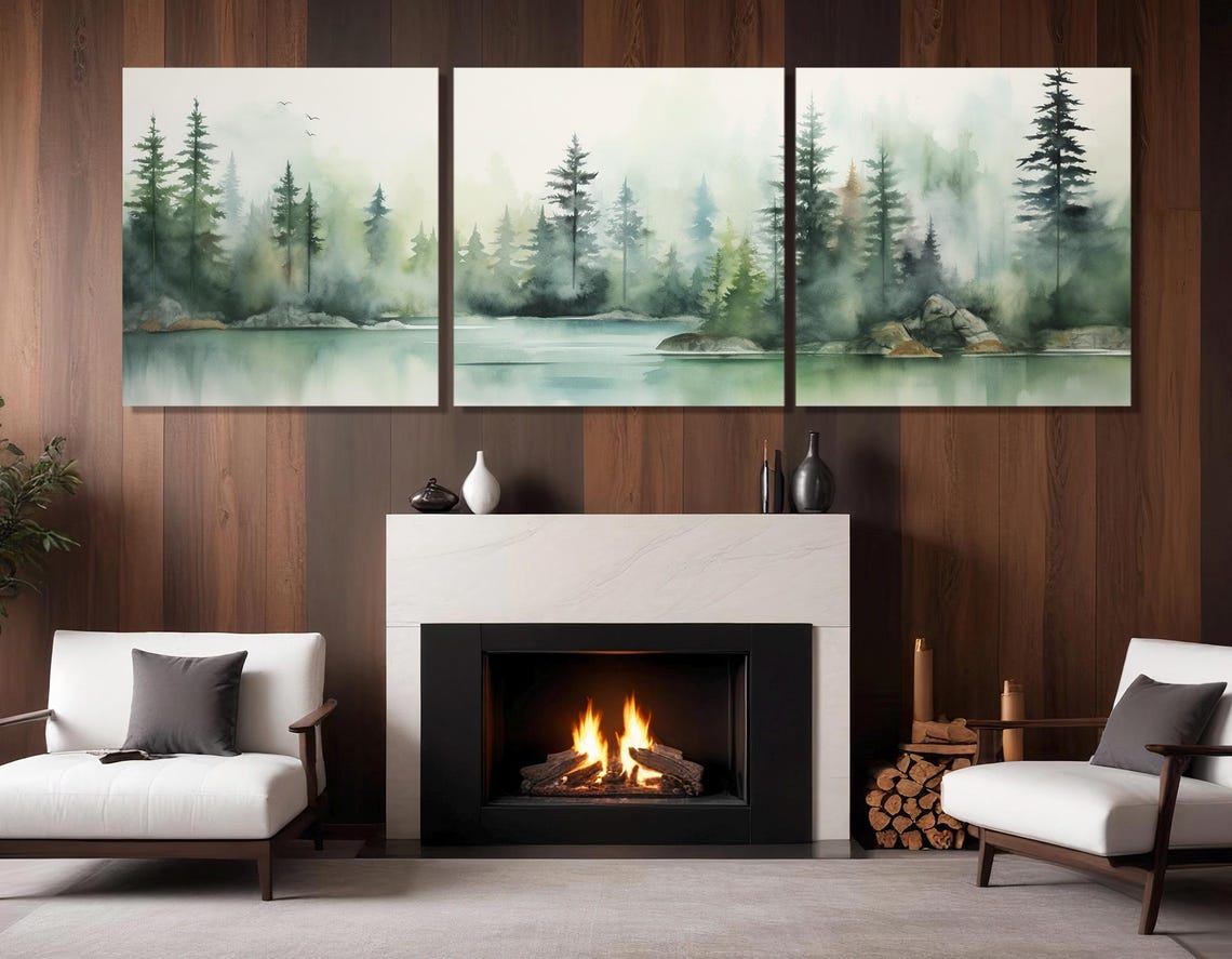 Misty Forest Lake Pines Reflections Soft Watercolor Nature Poster - Image 4