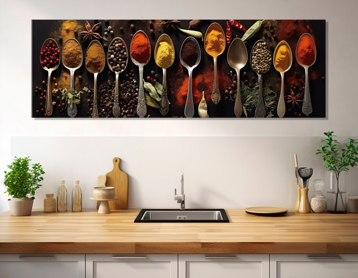 Spices In Spoons Colorful Panoramic Kitchen Wall Decor Food Art Print