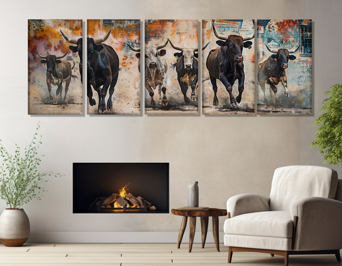 Running Longhorn Bulls Herd Dusty Western Cattle Drive Poster - Image 2