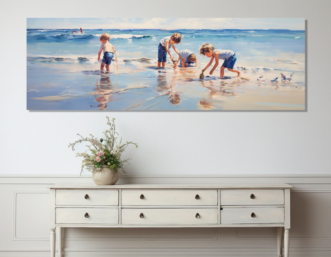 Kids Playing on the Beach Painting Art Print, Beach Scene