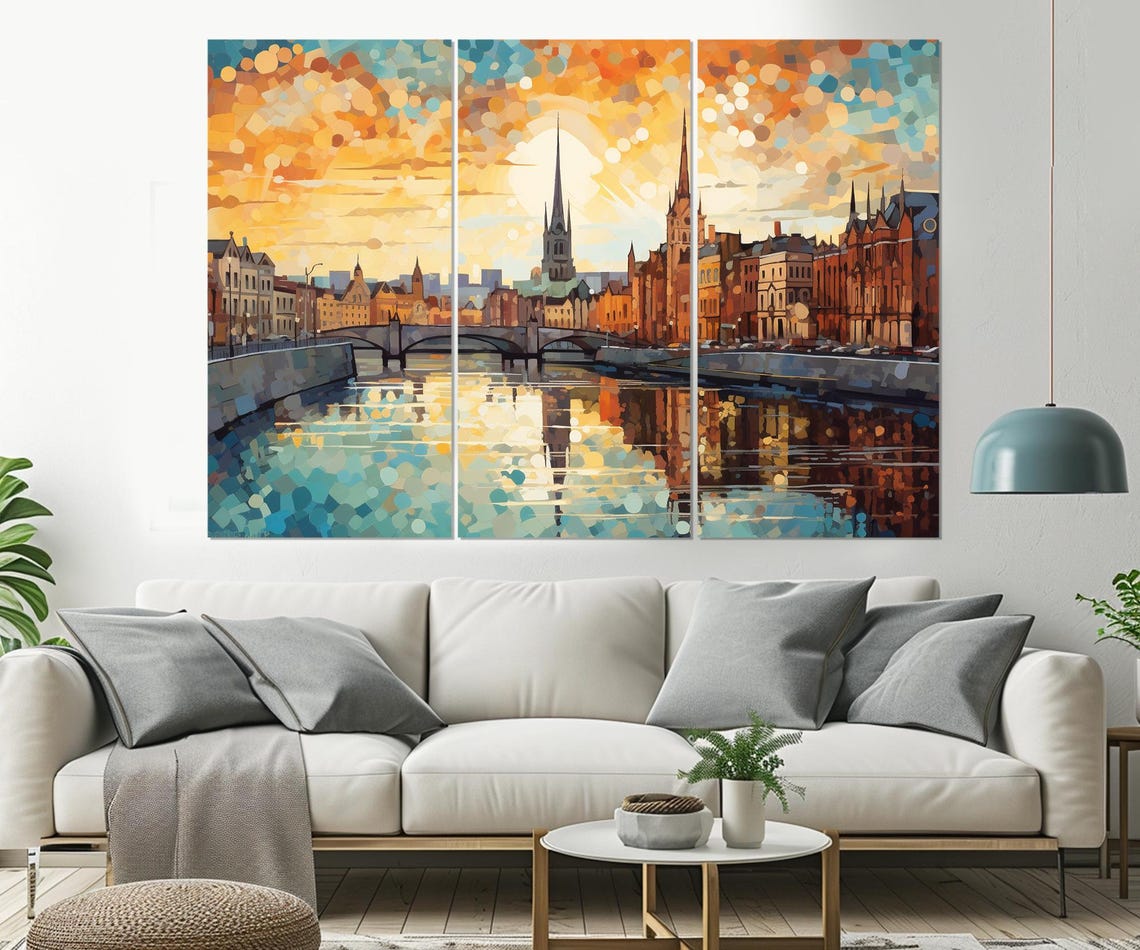 Dublin Ireland River City Skyline Bridge Golden Sky Painting Poster - Image 3