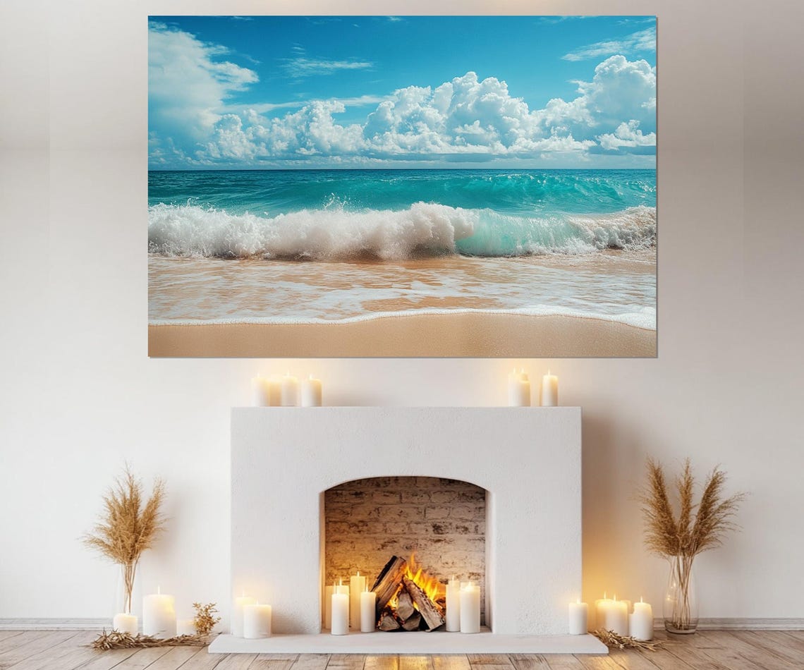 Turquoise Ocean Wave Crashing On Sandy Beach Cloudy Sky Wall Poster - Image 2