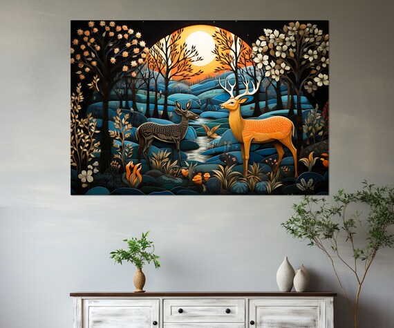 Golden Stag And Doe In Blue Moonlit Forest Fantasy Folk Art Poster