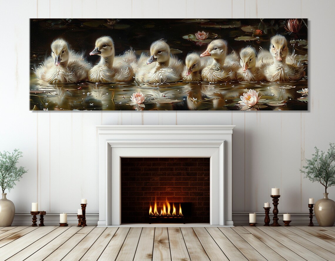 Seven Baby Swans Swimming Lily Pond Oil Painting Wildlife Art Poster