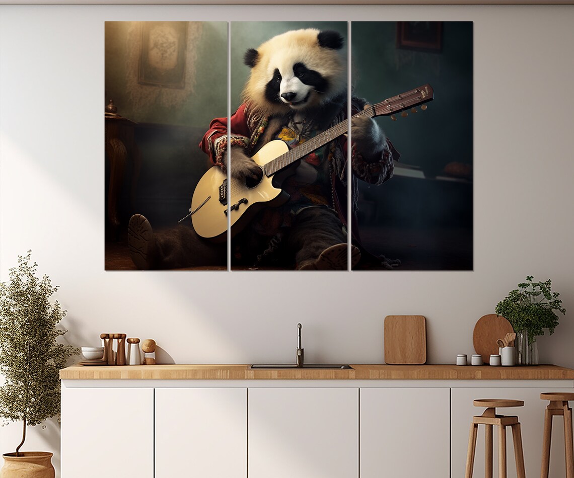Panda Playing Acoustic Guitar Boho Musician Funny Animal Portrait Wall Poster - Image 2