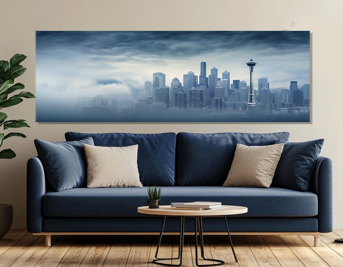 Seattle Skyline Misty Space Needle Cityscape Panoramic Travel Poster