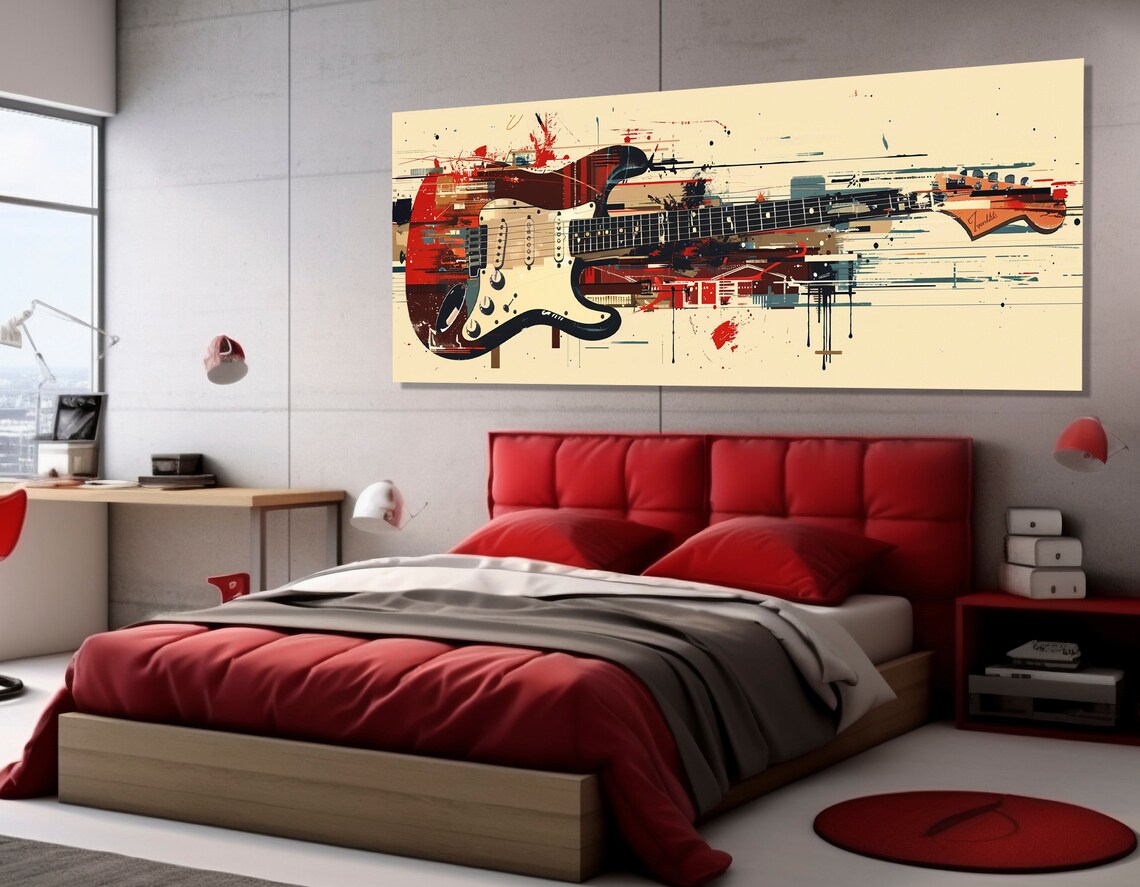 Red Electric Guitar Abstract Panoramic Pop Art Music Painting Wall Decor Print - Image 3