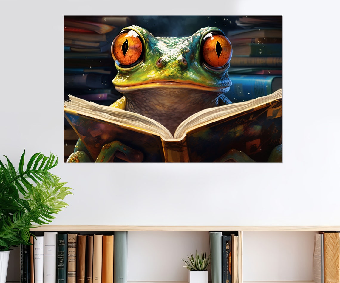 Frog Reading An Open Book With Big Orange Eyes Nursery Poster - Image 3