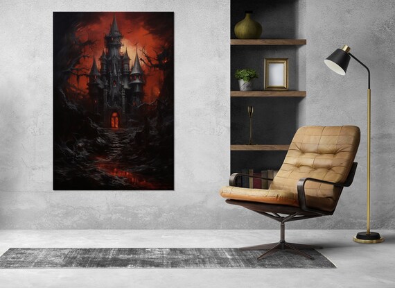 Black Gothic Castle Against Burning Red Sky Dracula Art Wall Poster