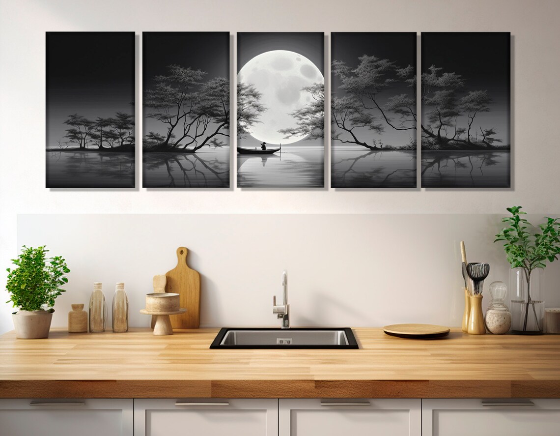 Boat Under Moonlight and Blossom Tree, Art Print - Image 3